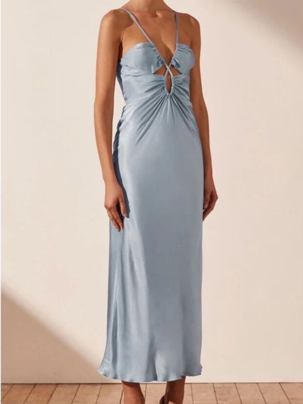 Shona Joy Angelica Satin Midi Dress Light Blue Cutout 4